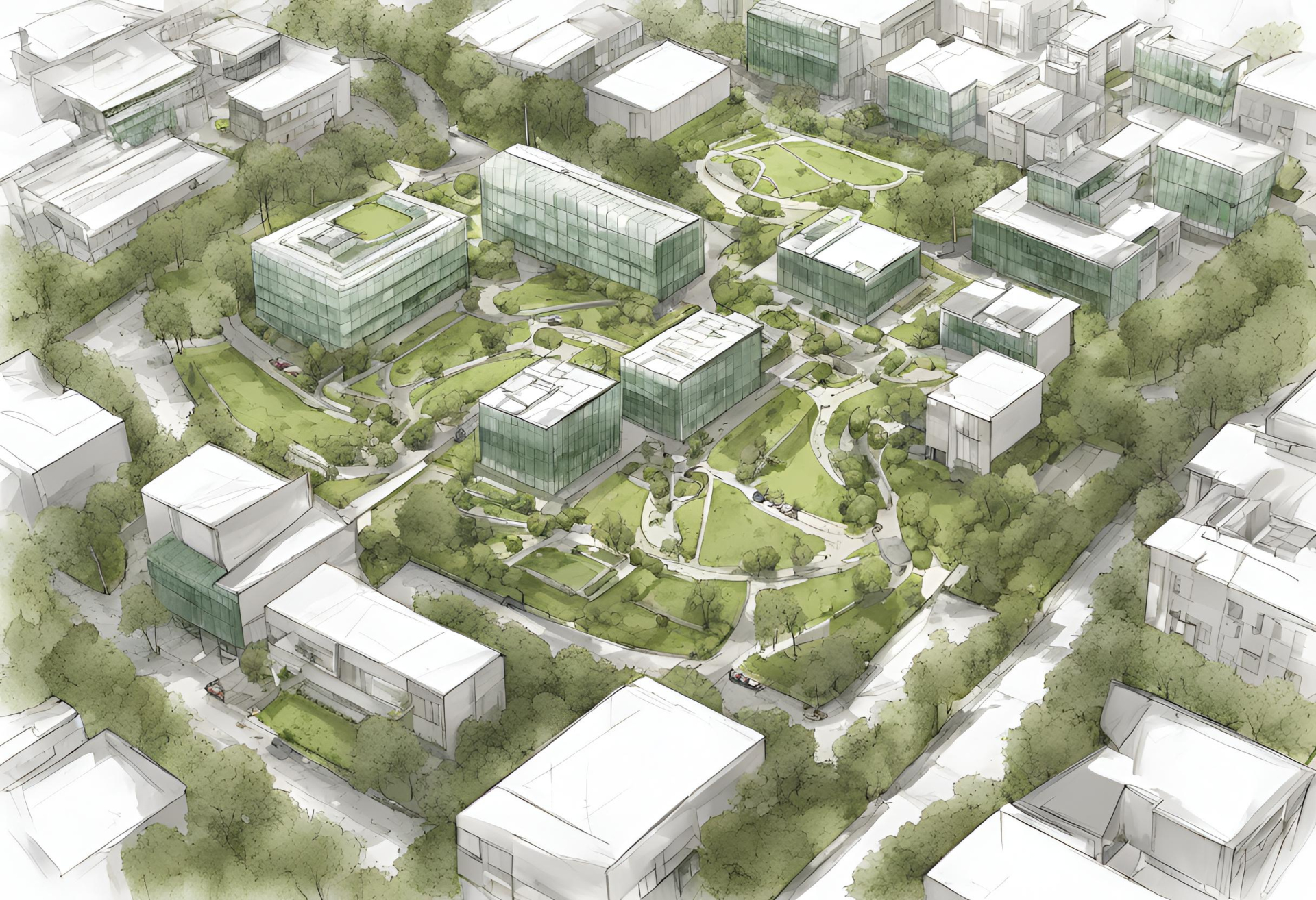 Skizze eines modernen, begrünten Büro-Campus auf einer Karte