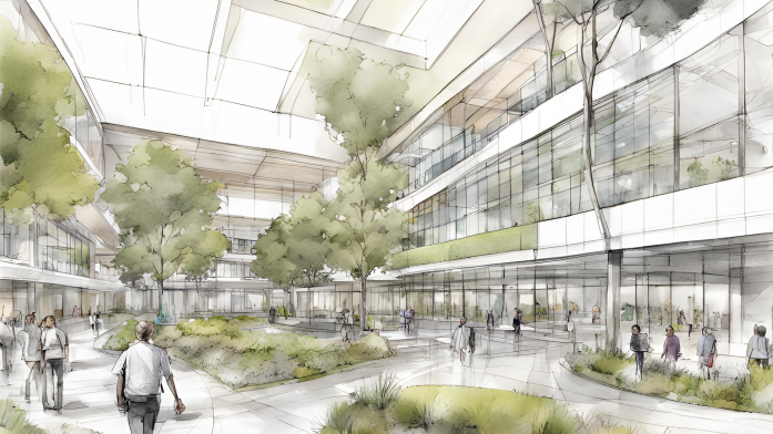 Campus, Silicon Valley, offene Architektur, Grünachsen, Gewerbegebiet, Skizze (2)