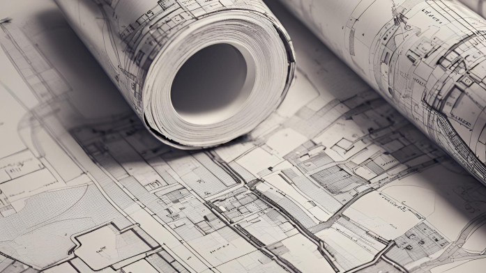 Skizzenhafte Darstellung von Stadtplänen, ein Bleistift und Planrollen auf einem Tisch