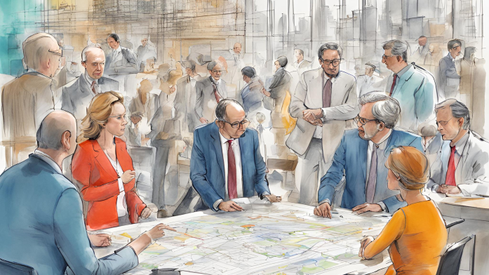 colored Sketch, city planner (woman and man) discussing a modern city with politicans during a creative workshop